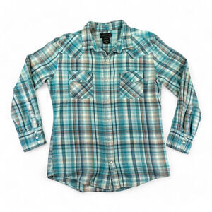Vintage High Noon Western Shirt Adult MEDIUM Blue Brown Plaid Flannel Pearl Snap